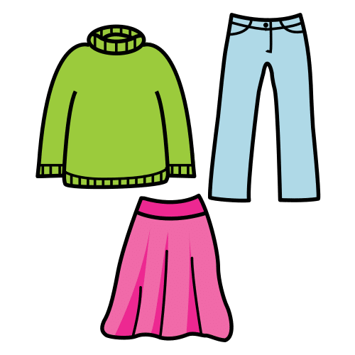 La imagen muestra tres prendas de vestir: un jersey, un pantalón y una falda.