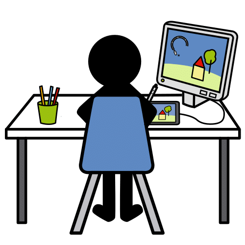 La imagen muestra una persona sentada en un escritorio con ordenador, realizando diseños con una tableta gráfica.