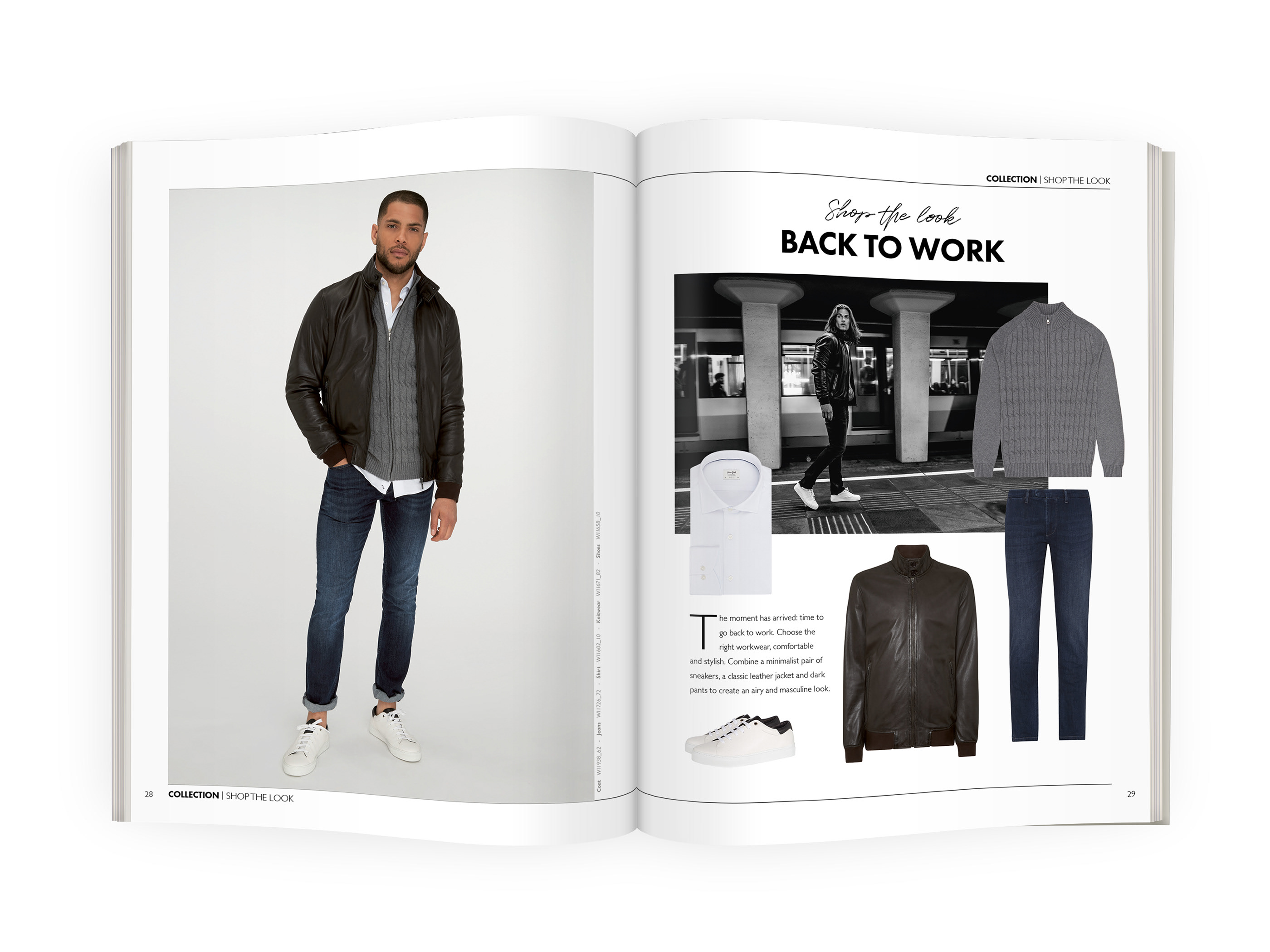 La imagen muestra un catálogo abierto de ropa masculina. En la primera página se ve un modelo vestido y en la segunda página prendas de vestir: un pantalón, una camisa y una chaqueta.