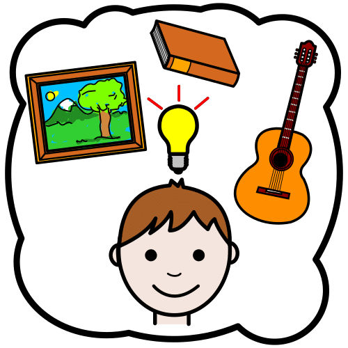 La imagen muestra la cabeza de una persona con una bombilla encima iluminada. Sobre ellos, un cuadro, un libro y una guitarra.