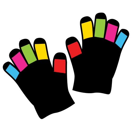 La imagen muestra un par de guantes con los dedos de colores.