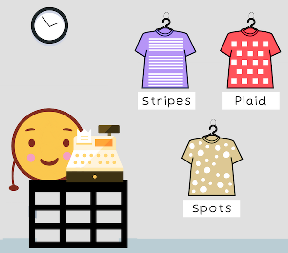 La imagen muestra una tienda con tres camisetas. Una con puntos, otra con rayas y otra con cuadros.