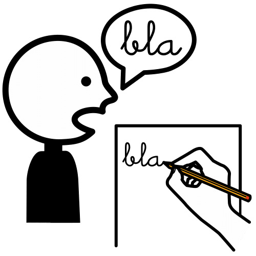 La imagen muestra una persona diciendo “bla” y una mano que escribe en un papel: bla.