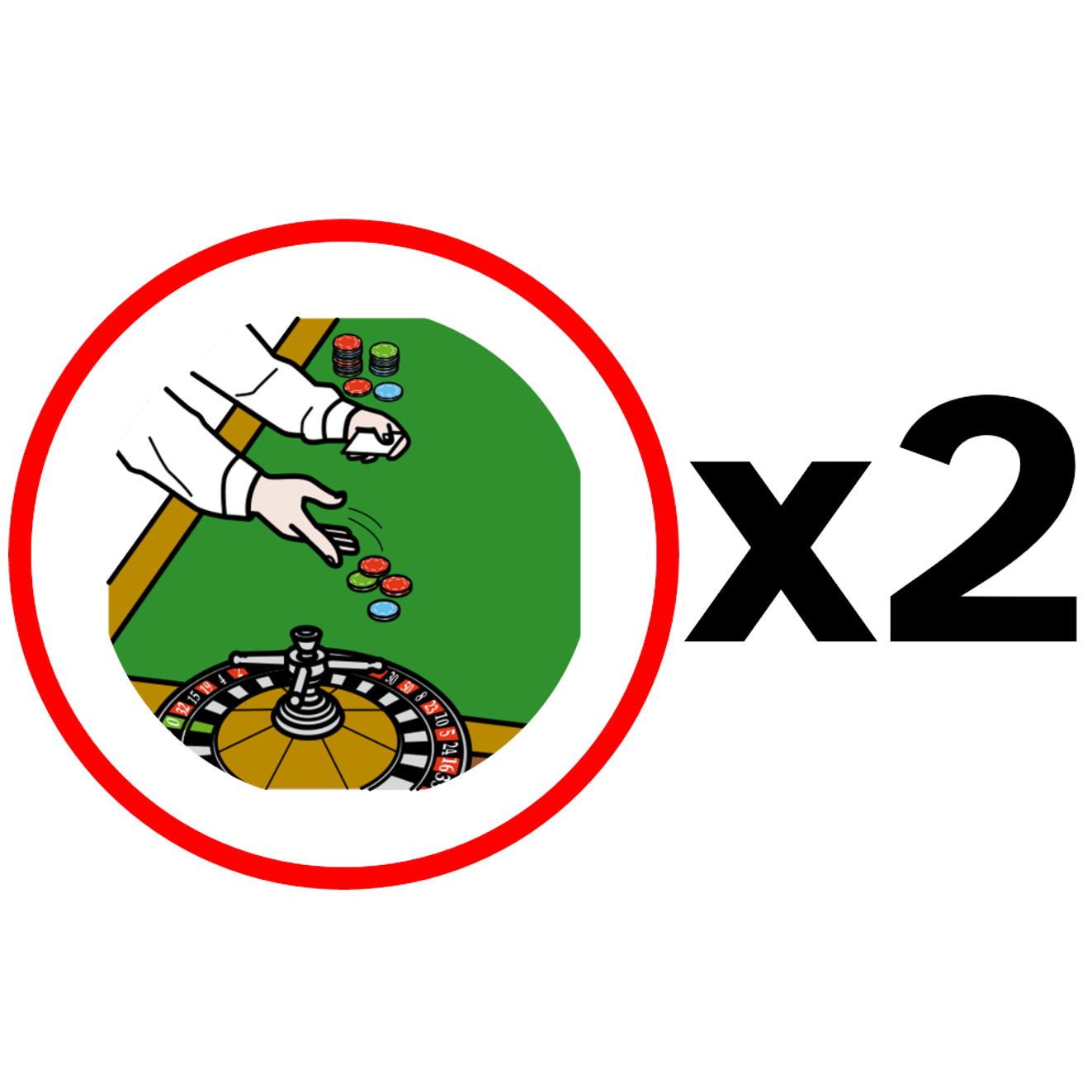La imagen muestra un círculo rojo a la izquierda con dos manos apostando sobre el tapete de una ruleta y, a la derecha, el signo de multiplicar junto al número dos.