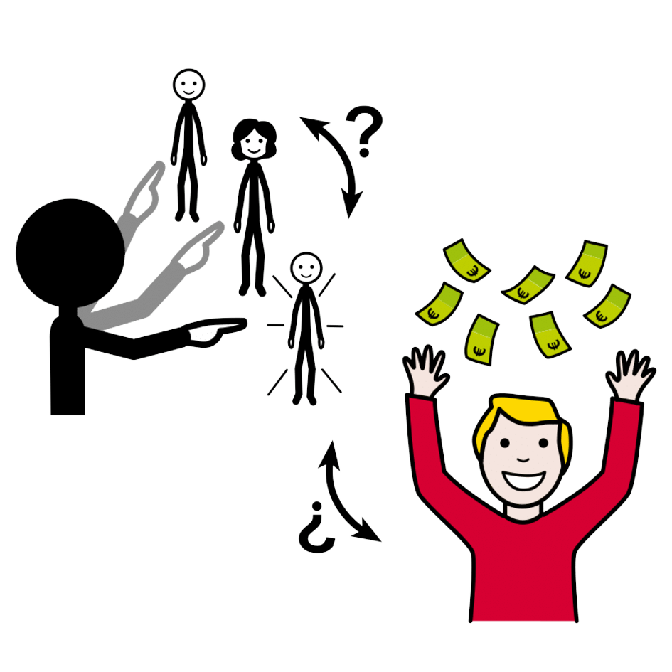 La imagen muestra a una persona eligiendo entre tres opciones y, al lado, una de ellas con los brazos en alto con billetes cayendo sobre su cabeza y cara de felicidad.