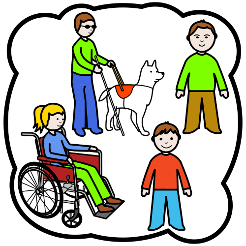 La imagen muestra varias personas: niños, con movilidad reducida, invidente, dentro de un conjunto.