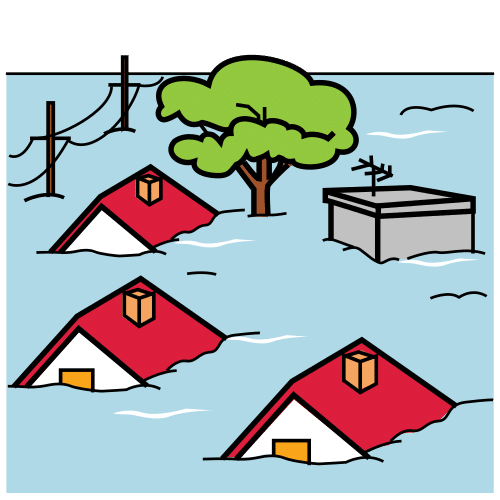La imagen muestra los tejados de tres casas y la copa de un árbol y, hasta esa altura, todo cubierto de agua.