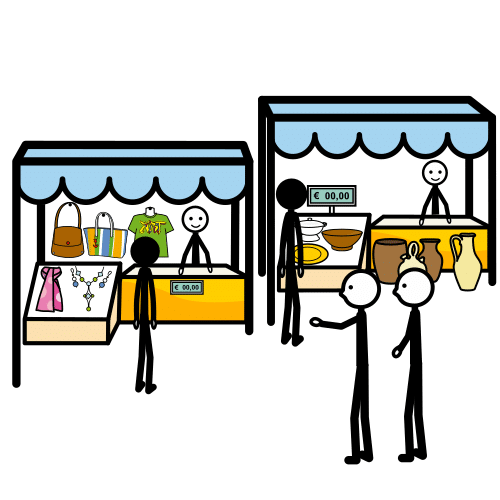 La imagen muestra dos puestos en la calle de venta de objetos.