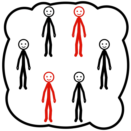 La imagen muestra varias personas dentro de un conjunto, y dos de ellas aparecen coloreadas de rojo.