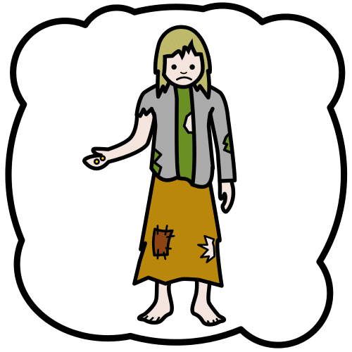 La imagen muestra a una mujer descalza, con la ropa roída y con el brazo extendido pidiendo ayuda.