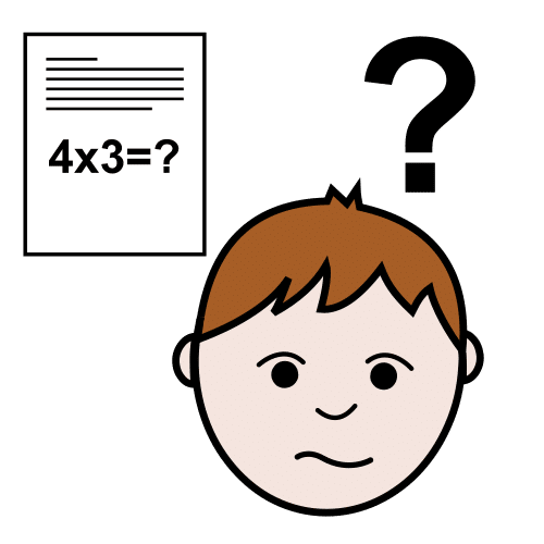 La imagen muestra la cabeza de una persona con expresión preocupada con un signo de interrogación encima junto a una hoja de papel con una operación matemática sin resolver.