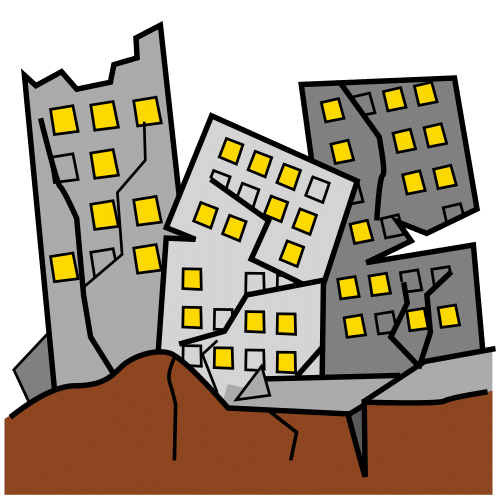 La imagen muestra tres bloques de pisos quebrados y caídos y la tierra que hay debajo de ellos también quebrada.