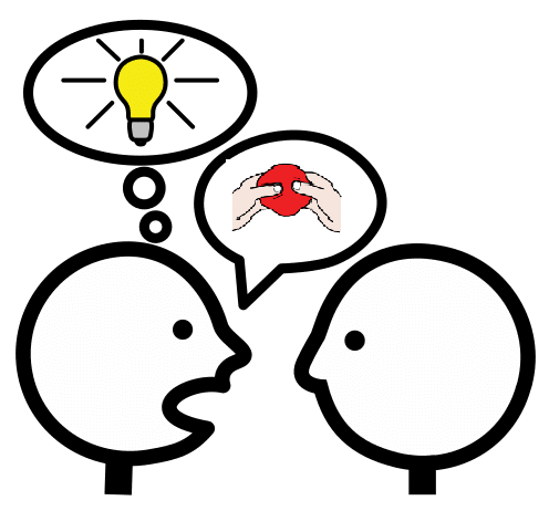 Persona comunicando a otra su idea y cómo llevarla a cabo para que sea algo real.