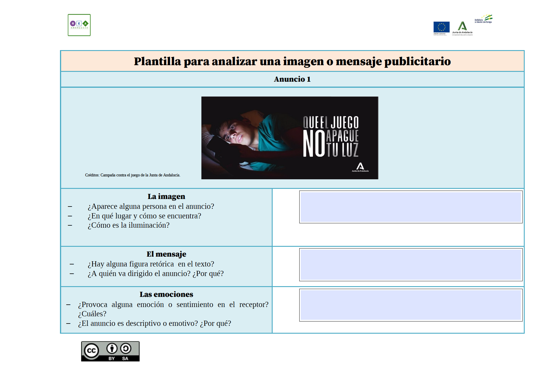 Plantilla para analizar una imagen o mensaje publicitario