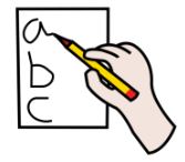 La imagen muestra una mano sujetando un lápiz escribiendo en un folio a,b,c.