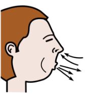 La imagen muestra a una persona de perfil respirando, las flechas indican cómo entra aire por la nariz y sale por la boca.