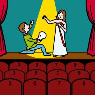 La imagen muestra una escena de teatro donde se aprecia el escenario y las butacas.