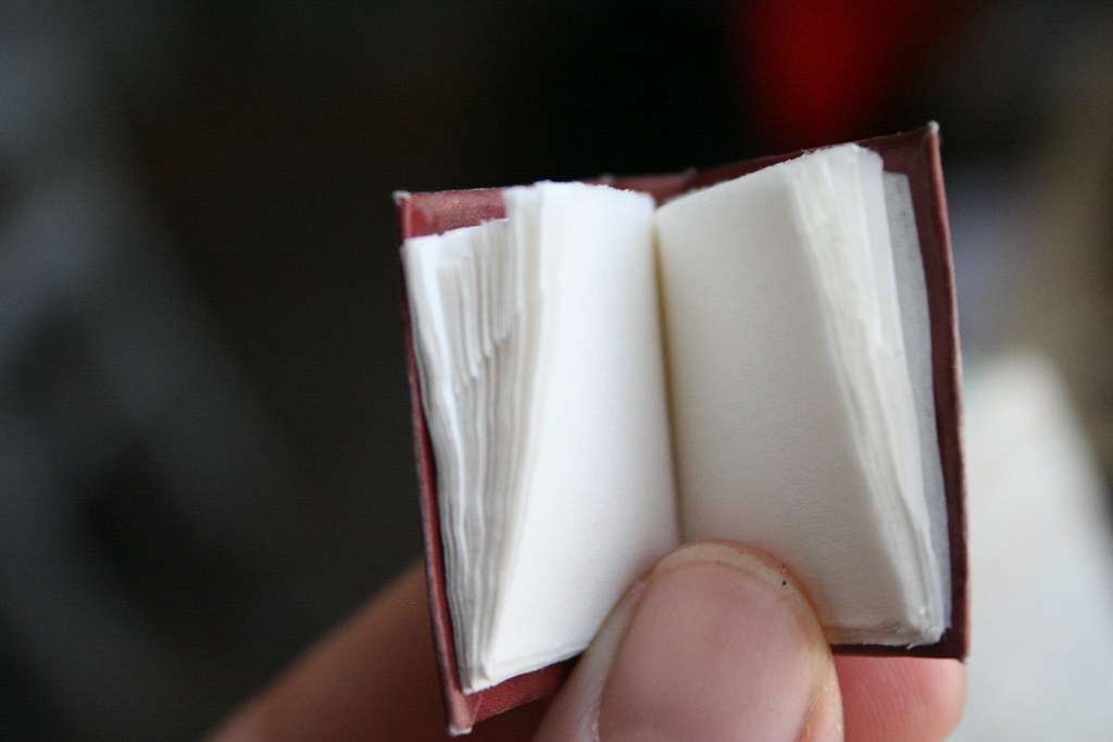 La imagen muestra un libro pequeño abierto por un pulgar de su mismo tamaño.