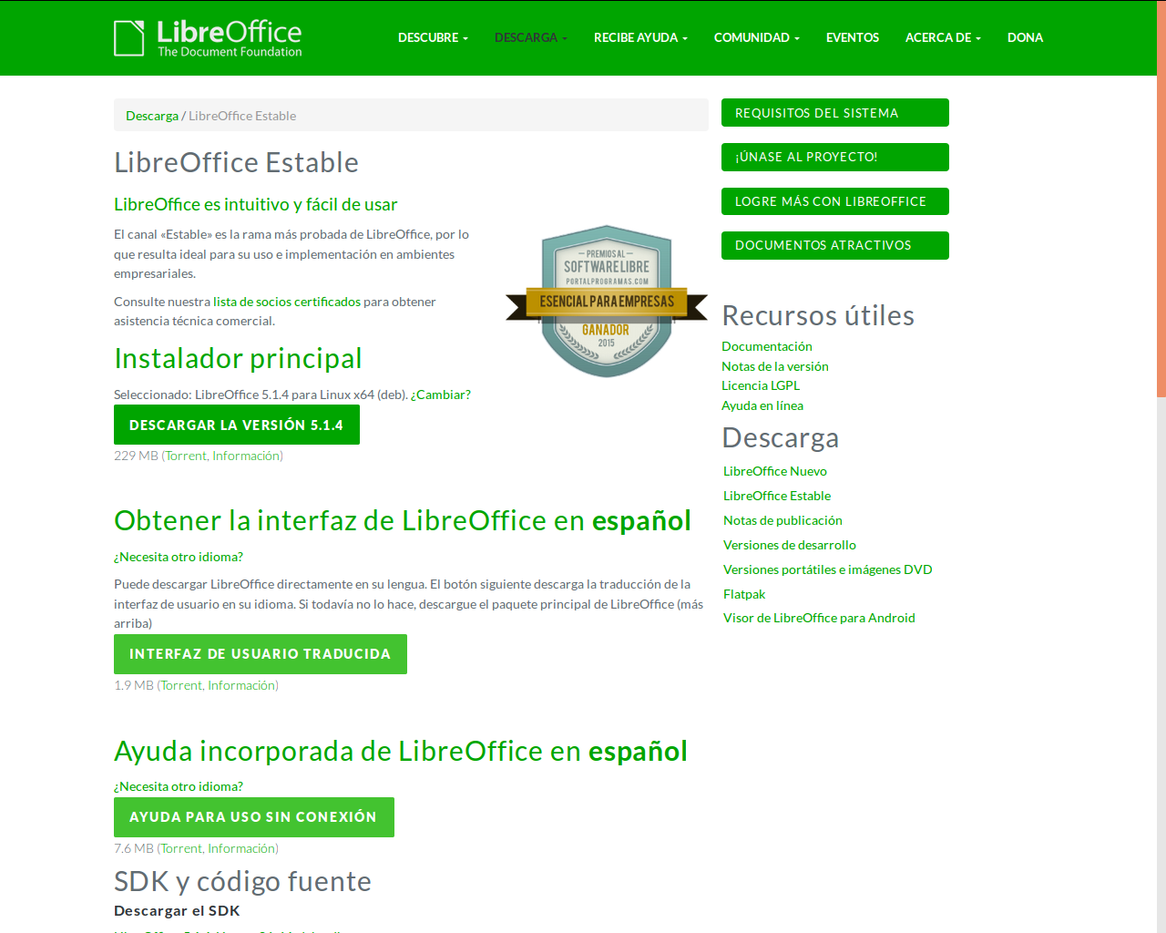 Página descargas libreoffice