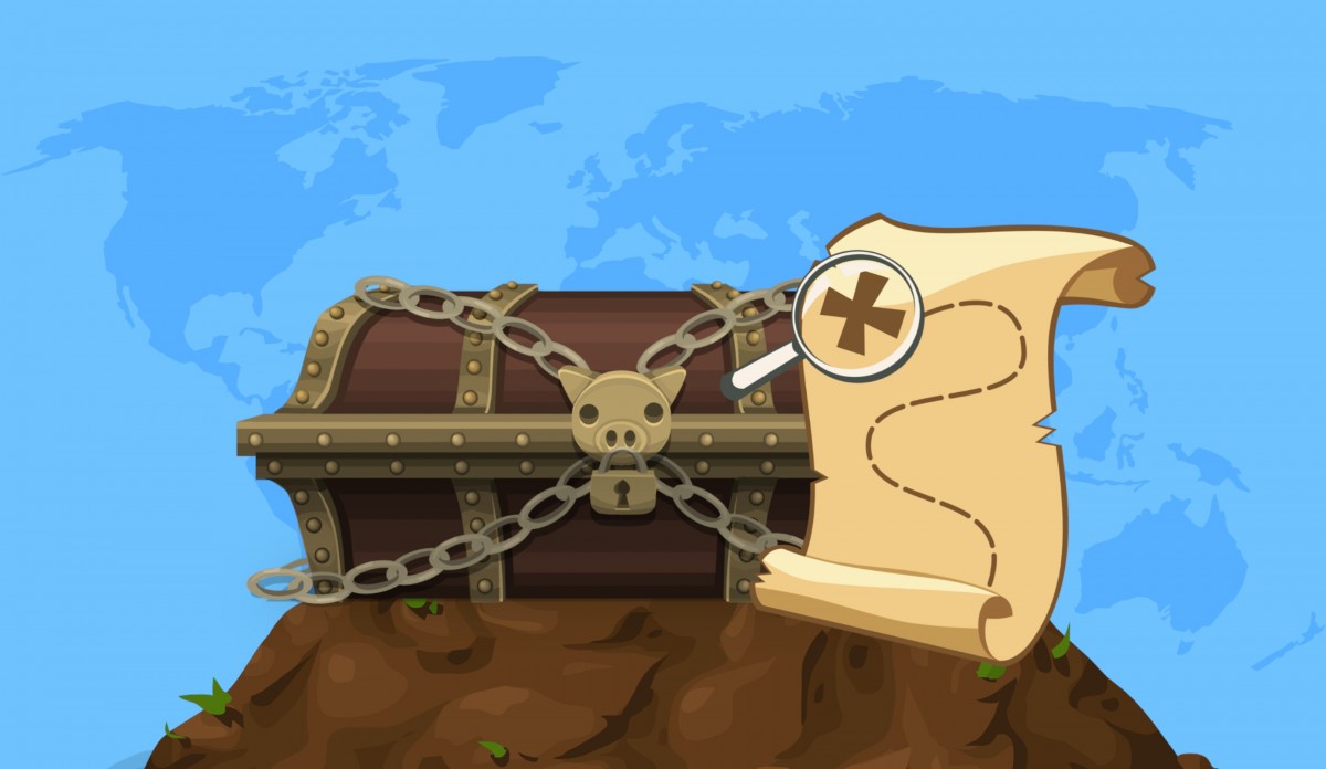 La imagen muestra un cofre con cadenas y un mapa.