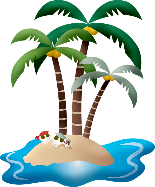 La imagen muestra una isla con un esqueleto y una palmera con calaveras..