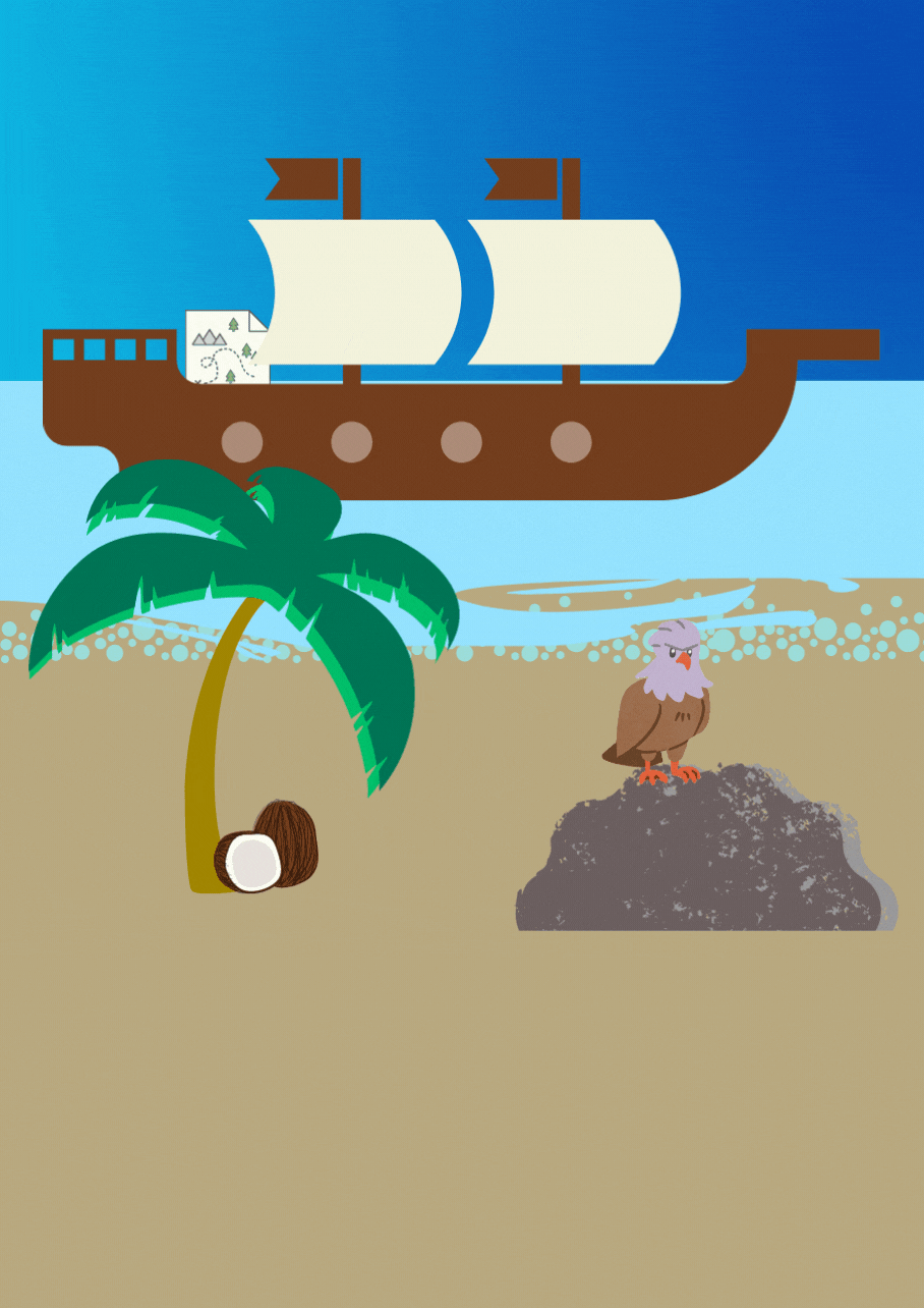 La imagen muestra una escena con una isla, un barco, un cocotero, y un pájaro sobre una roca.