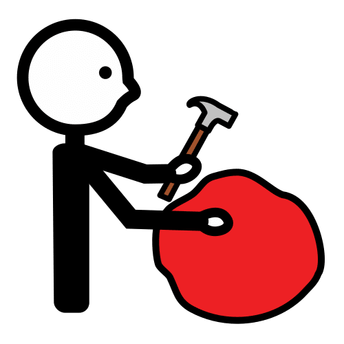 La imagen muestra un personaje golpeando con un martillo un objeto rojo.