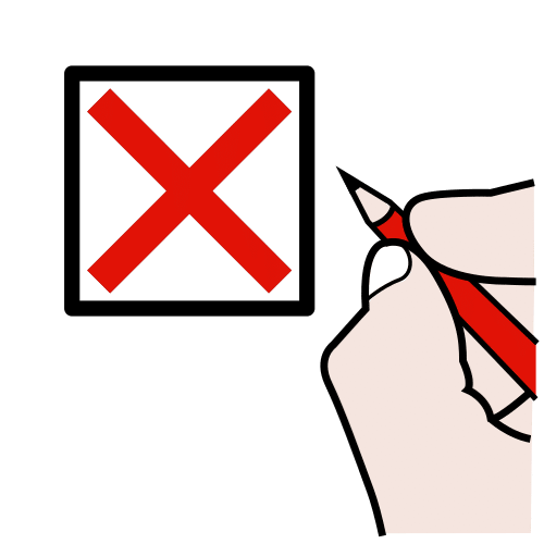 Una mano con un lápiz hace una cruz roja sobre un cuadrado. 