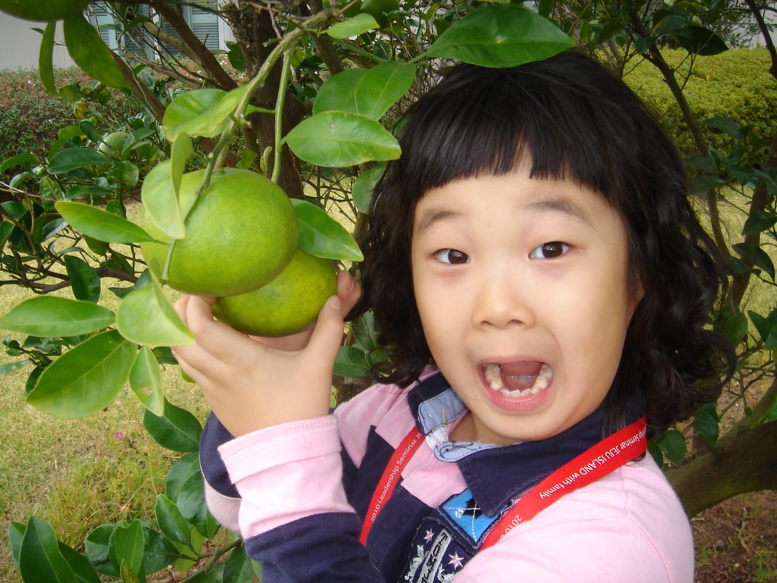 Una niña sostiene un fruto.