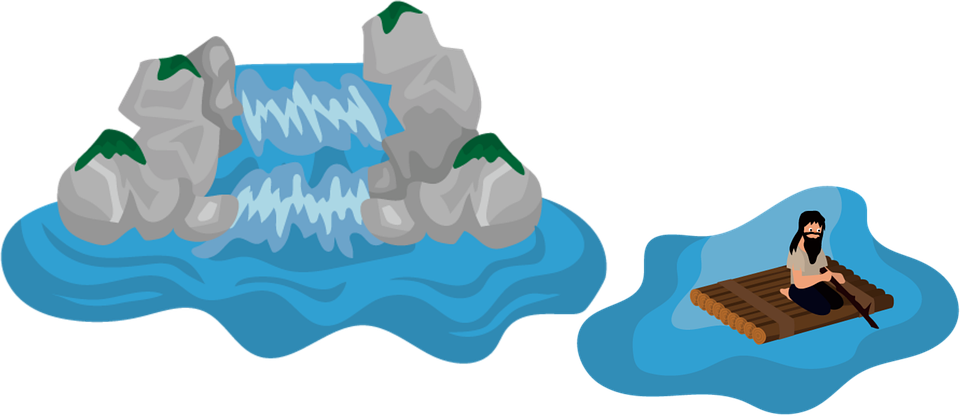 La imagen muestra una cascada y un náufrago sobre una balsa.