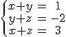 \left\{\begin{matrix} x+y & = & 1\\  y+z & = & -2\\  x+z & = & 3 \end{matrix}\right.