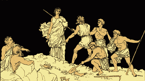 Ilustración en la que aparecen unos hombres tratando de desenterrar el cadáver de Polinices ante la atenta mirada de Antígona