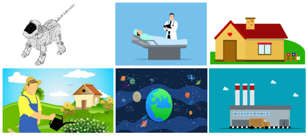 Conjunto de imágenes que representan a una mascota, una fábrica, un hogar, un planeta, atención médica y labores en el campo