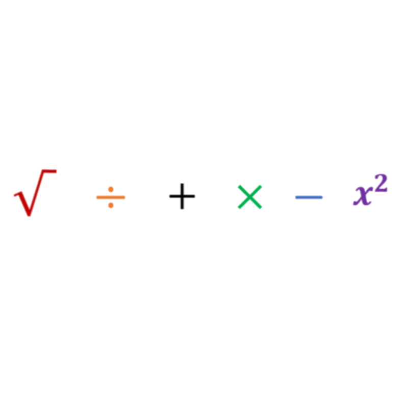 Imagen que representa las operaciones matemáticas de la suma, resta, multiplicación, división, raíz y potencia