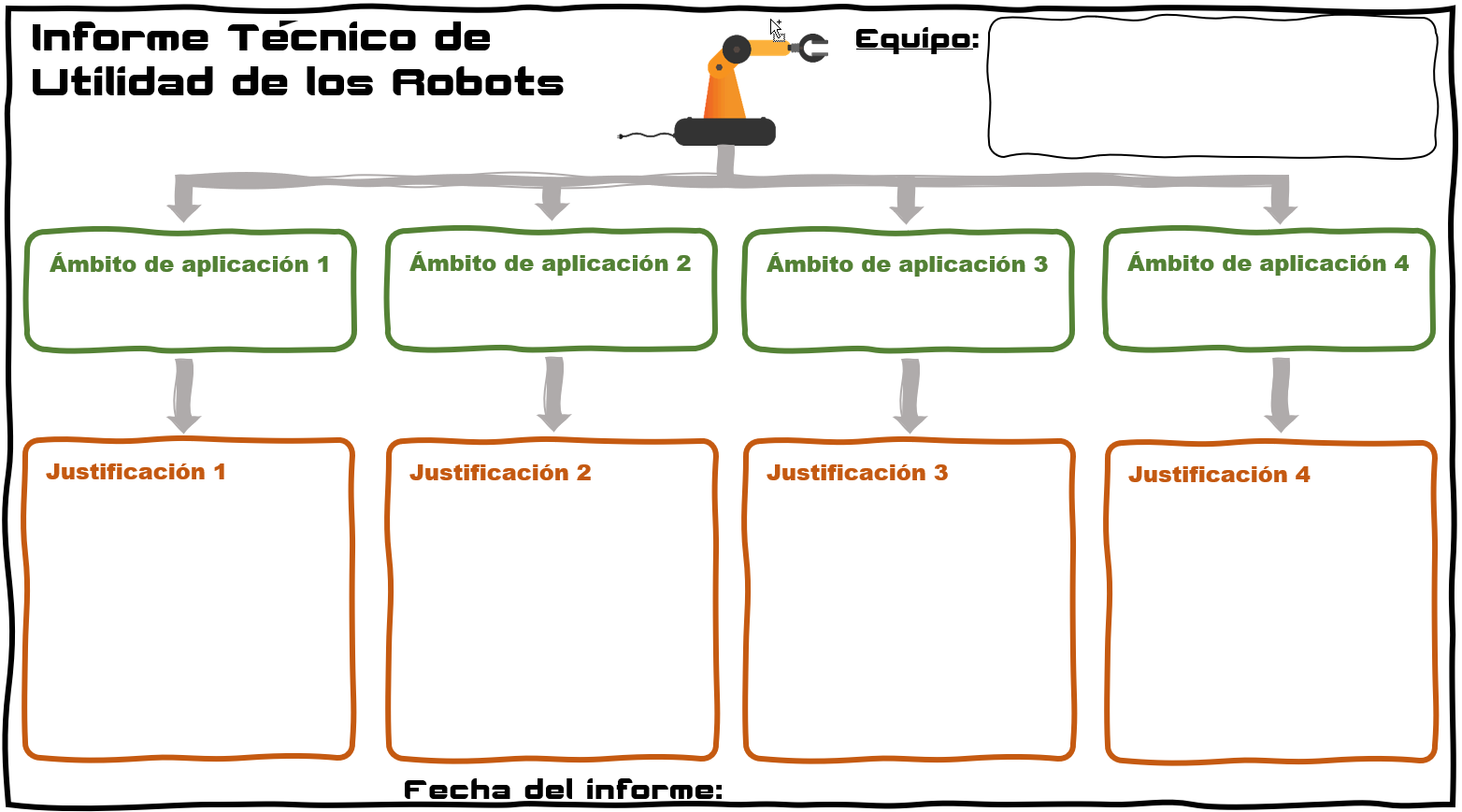 Imagen donde se muestra un documento que contiene cuatro columnas. En cada una se deberá indicar los diferentes ámbitos de aplicación de los robots y su justificación.