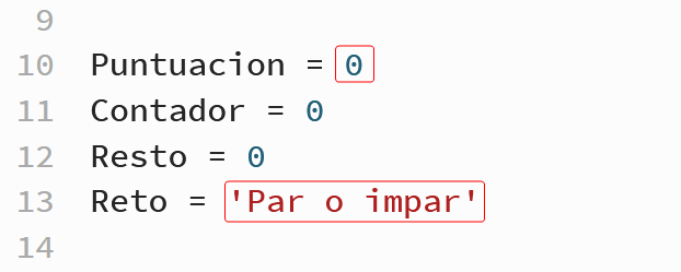 Imagen de código Python donde se crean tres variables: Puntuación, Contador, Resto y Reto. A las tres variables se le asigna un valor inicial de 0, 0, 0 y Par o impar, respectivamente.