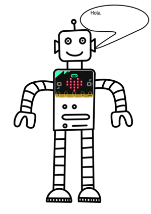 Imagen de XENI, una robot que muestra el siguiente mensaje: Hola soy Xeni y me gustaría poder ayudaros en vuestro trabajo. Además, en su cuerpo tiene la placa micro:bit con un corazón latiendo.