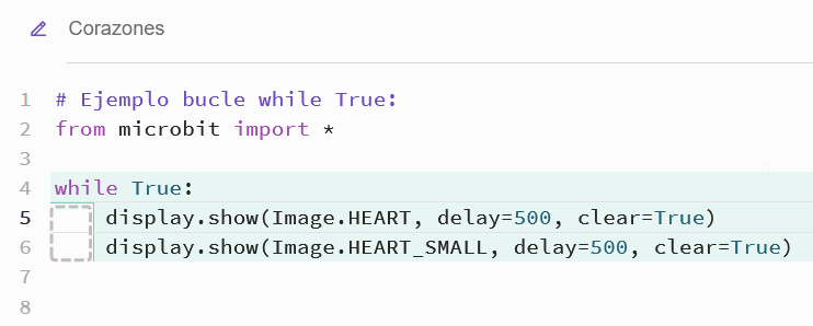 Imagen del código de un programa que utilizar el bucle while True o por siempre. Este programa muestra dos corazones una grande y otro pequeño con medio segundo entre ellos.