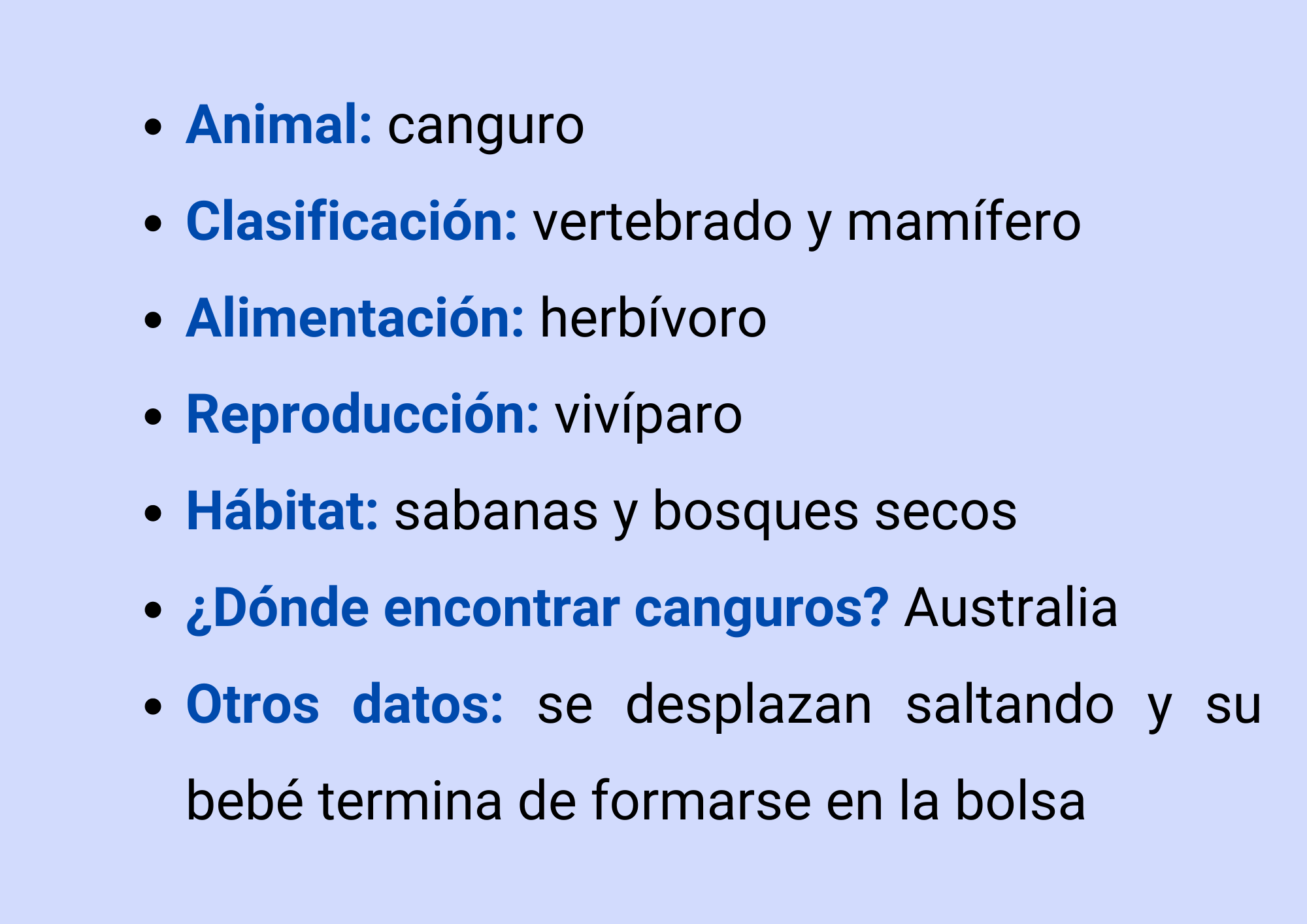 Animal: Canguro, Clasificación: vertebrado, mamífero, Alimentación: herbívoro