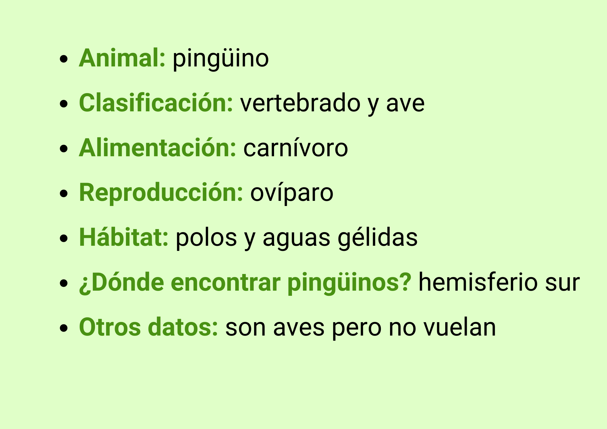 Animal: Pingüino, Clasificación: vertebrado y ave, Alimentación: carnívoro