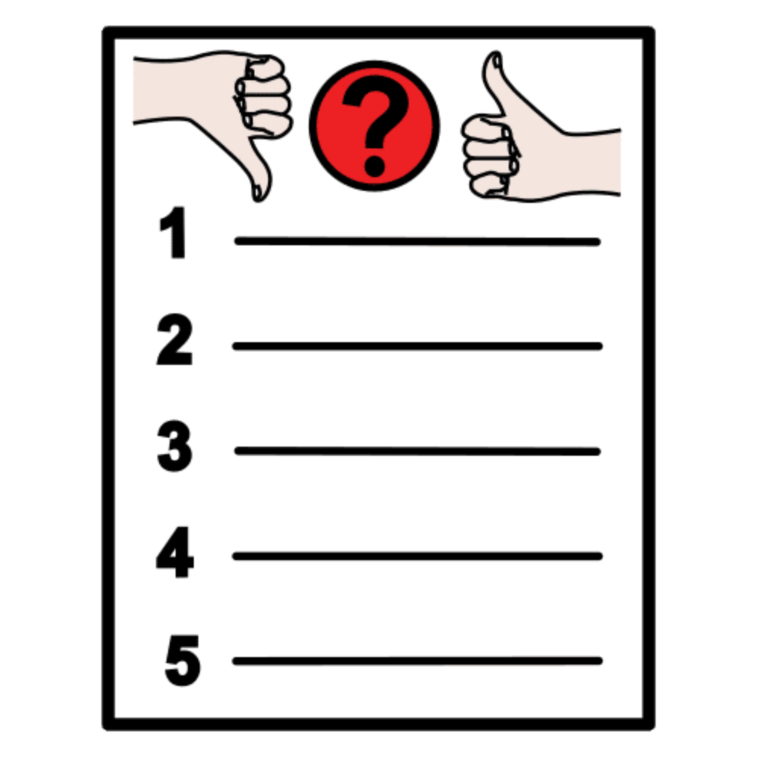 Imagen de una hoja con líneas numeradas y arriba un signo de interrogación en rojo con una mano con el pulgar hacia arriba y la otra hacia abajo.