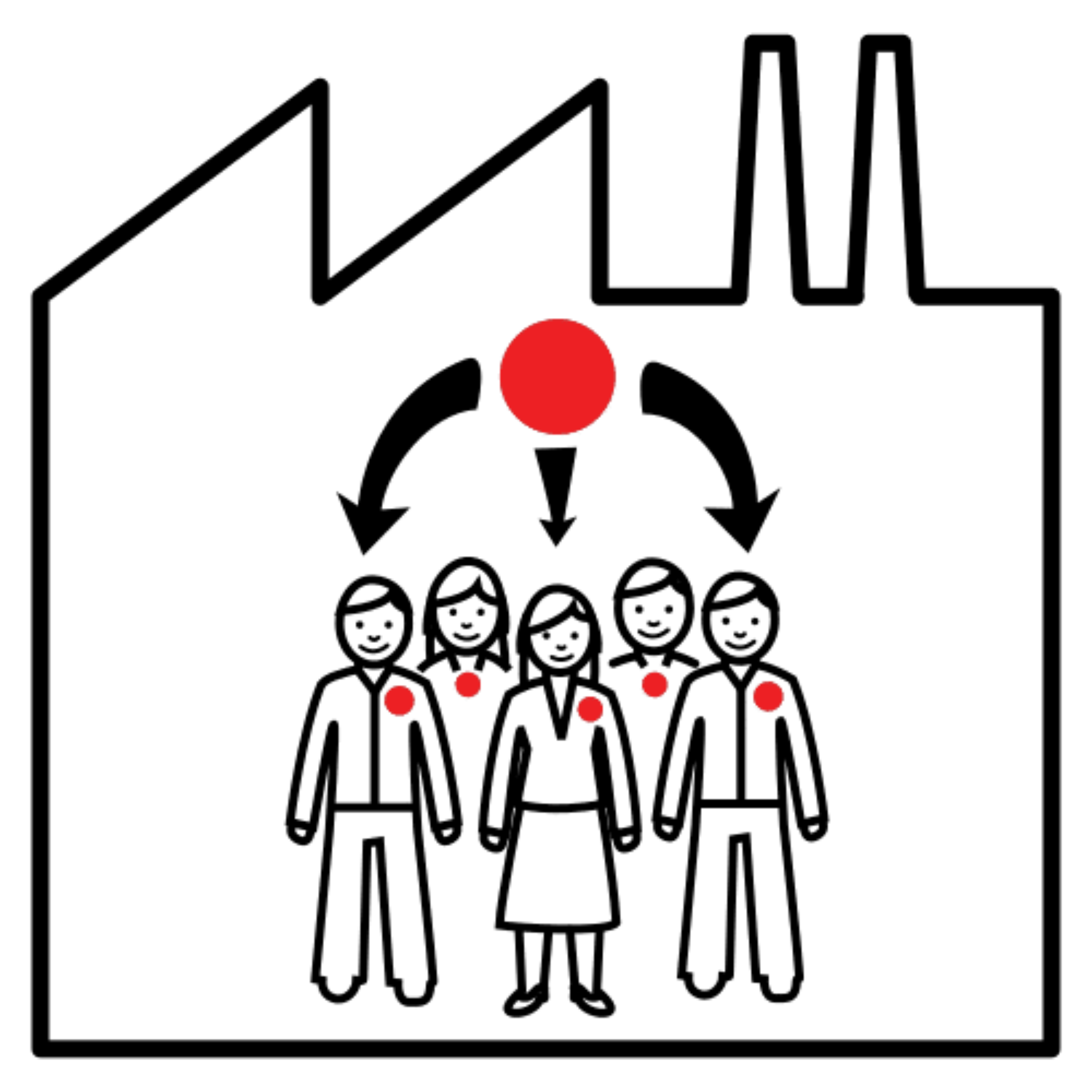Imagen de un grupo de personas dentro de una fábrica, con unas flechas sobre ellas y un punto rojo.