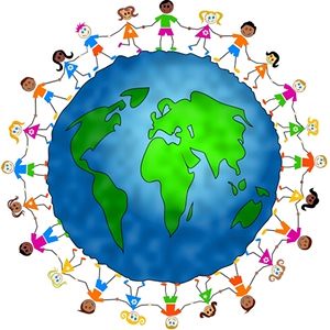Una imagen del planeta tierra rodeada por niños y niñas que se dan la mano
