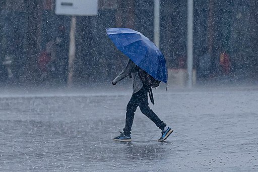 La imagen muestra una persona caminando bajo la lluvia