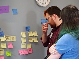 La imagen muestra a dos personas frente a un panel con ideas.