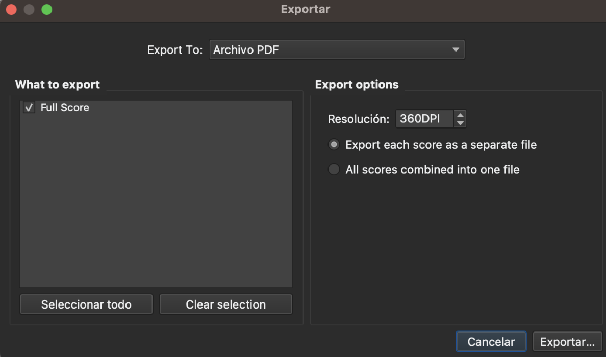 Cómo exportar una partitura a PDF en Musescore.
