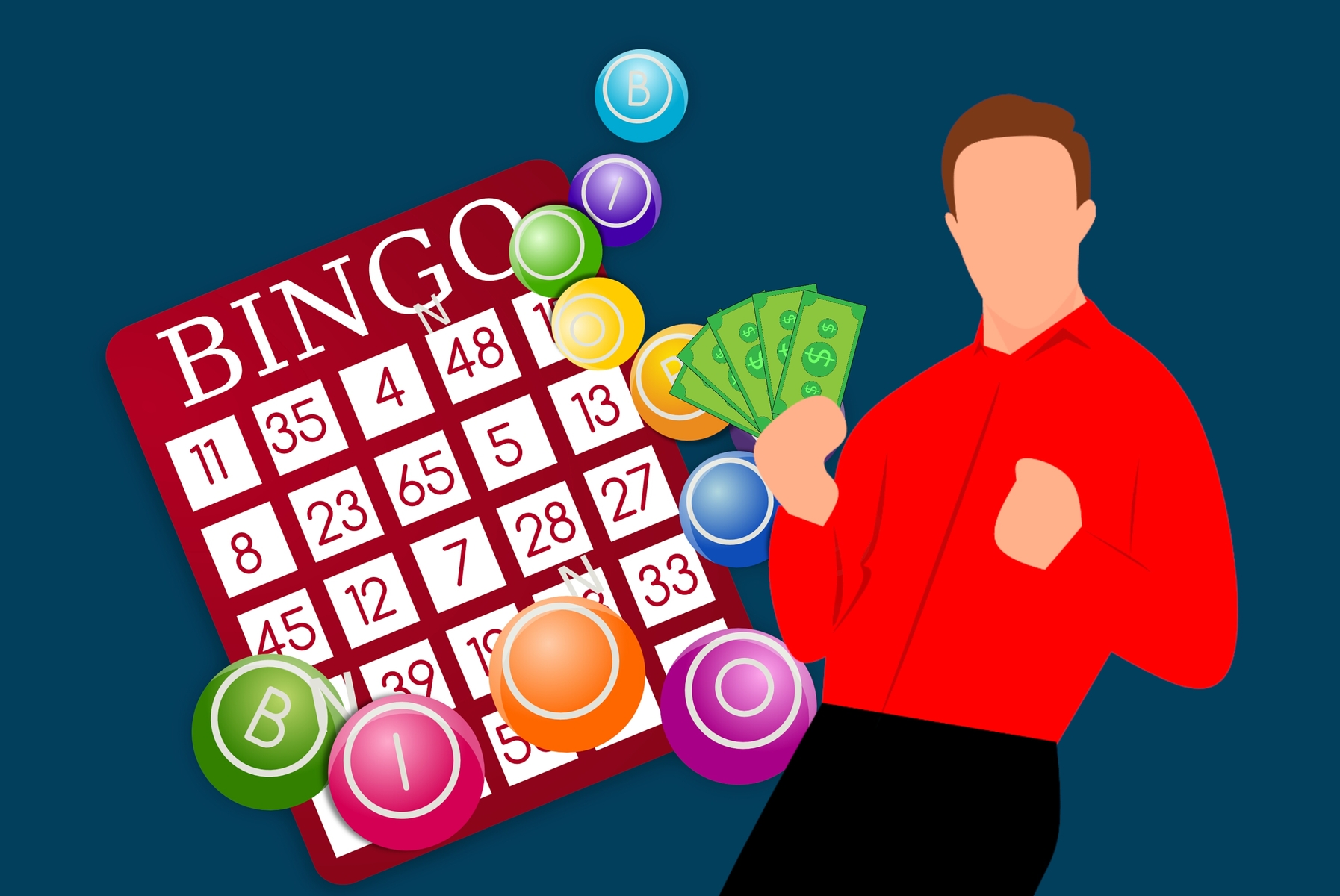 un chico joven con varios billetes en la mano delante de un cartón de bingo y varias bolas de colores típicas de dicho juego