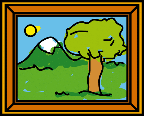 se observa el cuadro pintado de una paisaje verde con un árbol y una montaña al fondo con el sol en la esquina superior izquierda