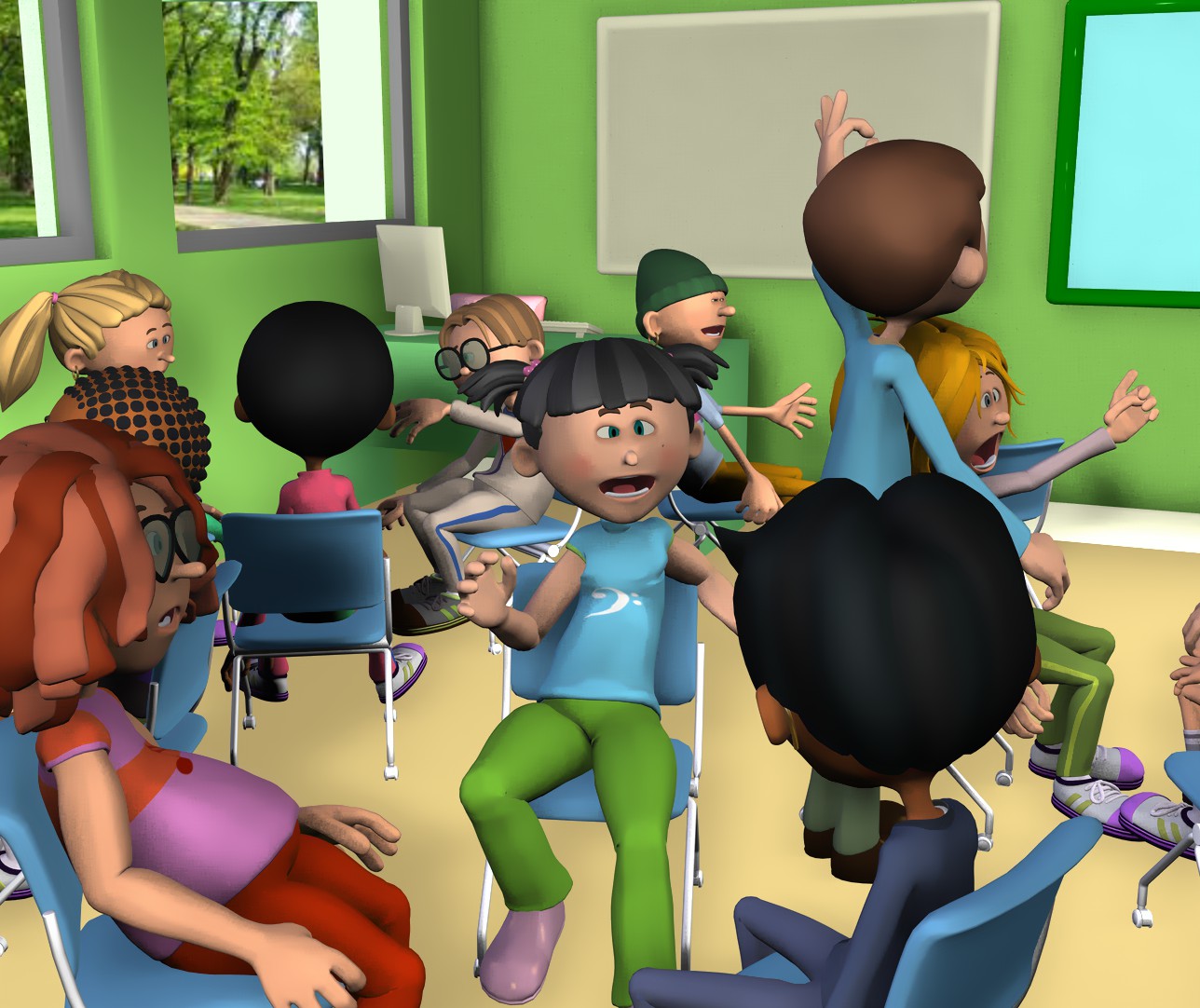 ilustración de grupos de alumnado dialogando entre sí en el aula