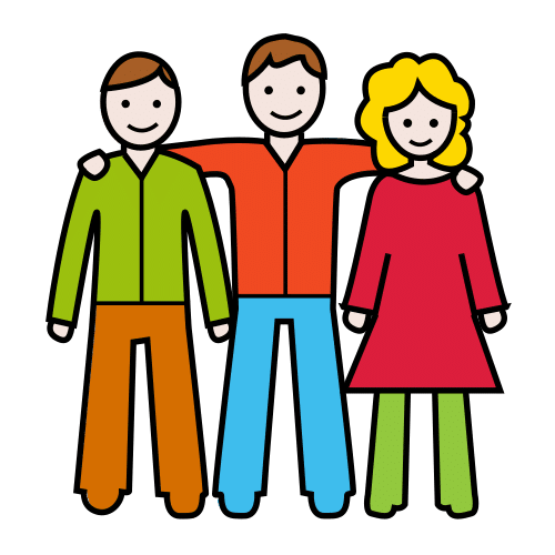 pictograma con dos niños y una niña uno junto a otro. El niño del centro tiene los brazo echados sobre los hombros de los demás niños